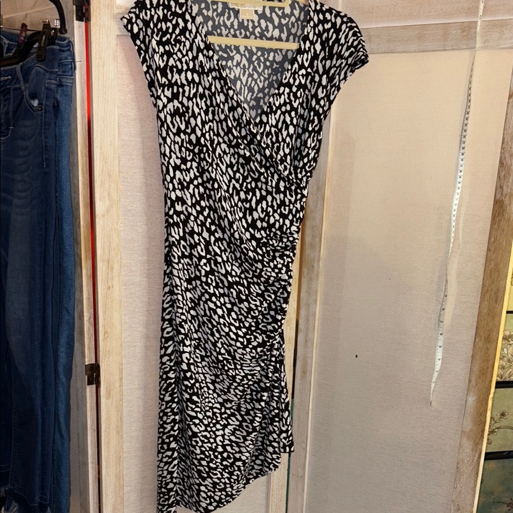 Michael Kors Black and White Printed Wrap-Style Midi Dress